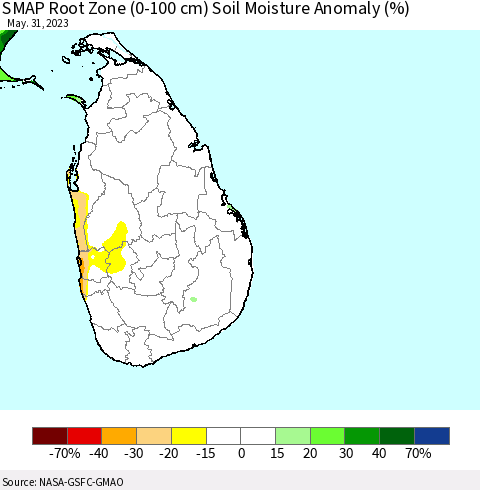 Sri Lanka SMAP Root Zone (0-100 cm) Soil Moisture Anomaly (%) Thematic Map For 5/26/2023 - 5/31/2023