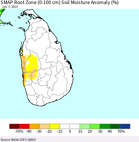 Sri Lanka SMAP Root Zone (0-100 cm) Soil Moisture Anomaly (%) Thematic Map For 6/1/2023 - 6/5/2023
