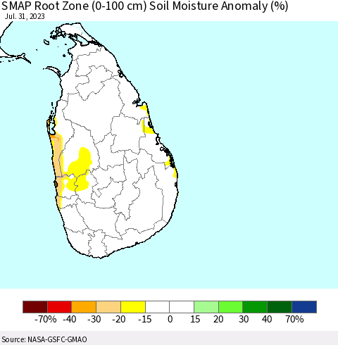 Sri Lanka SMAP Root Zone (0-100 cm) Soil Moisture Anomaly (%) Thematic Map For 7/26/2023 - 7/31/2023