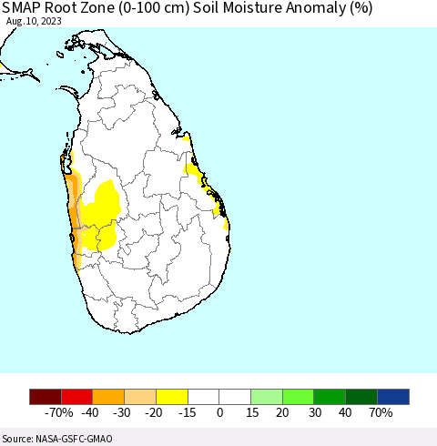 Sri Lanka SMAP Root Zone (0-100 cm) Soil Moisture Anomaly (%) Thematic Map For 8/6/2023 - 8/10/2023