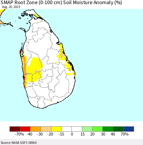 Sri Lanka SMAP Root Zone (0-100 cm) Soil Moisture Anomaly (%) Thematic Map For 8/16/2023 - 8/20/2023