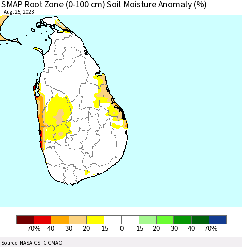 Sri Lanka SMAP Root Zone (0-100 cm) Soil Moisture Anomaly (%) Thematic Map For 8/21/2023 - 8/25/2023