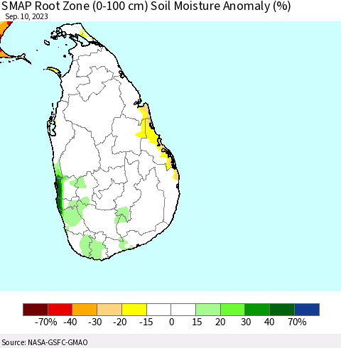 Sri Lanka SMAP Root Zone (0-100 cm) Soil Moisture Anomaly (%) Thematic Map For 9/6/2023 - 9/10/2023