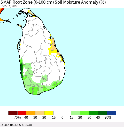 Sri Lanka SMAP Root Zone (0-100 cm) Soil Moisture Anomaly (%) Thematic Map For 9/11/2023 - 9/15/2023