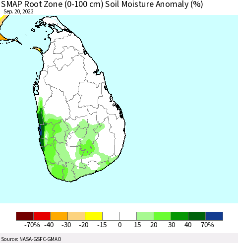 Sri Lanka SMAP Root Zone (0-100 cm) Soil Moisture Anomaly (%) Thematic Map For 9/16/2023 - 9/20/2023