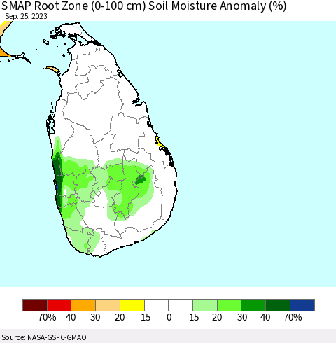 Sri Lanka SMAP Root Zone (0-100 cm) Soil Moisture Anomaly (%) Thematic Map For 9/21/2023 - 9/25/2023