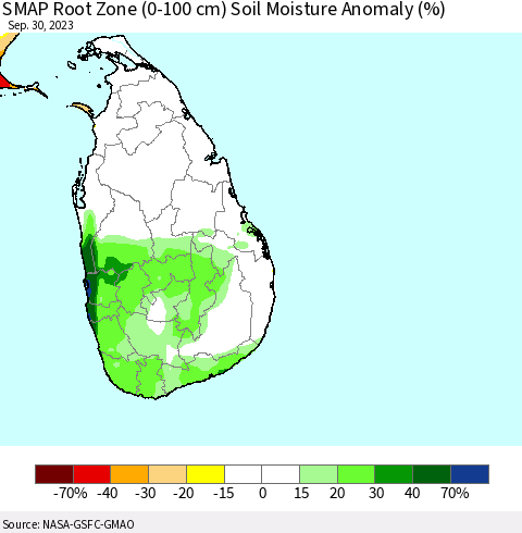 Sri Lanka SMAP Root Zone (0-100 cm) Soil Moisture Anomaly (%) Thematic Map For 9/26/2023 - 9/30/2023