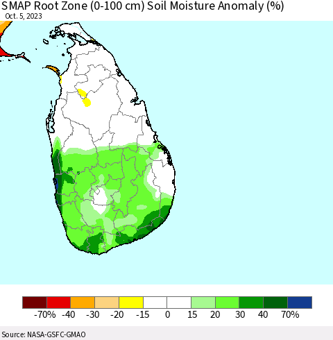 Sri Lanka SMAP Root Zone (0-100 cm) Soil Moisture Anomaly (%) Thematic Map For 10/1/2023 - 10/5/2023