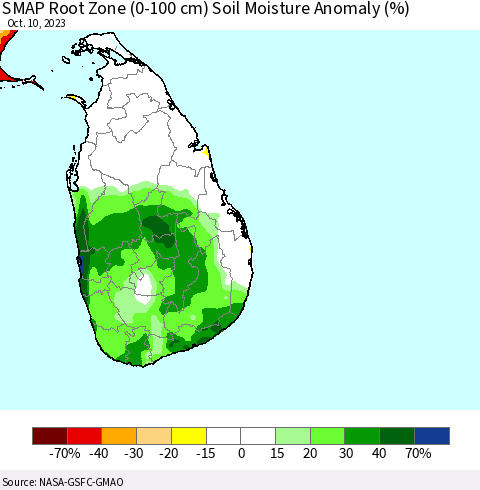 Sri Lanka SMAP Root Zone (0-100 cm) Soil Moisture Anomaly (%) Thematic Map For 10/6/2023 - 10/10/2023