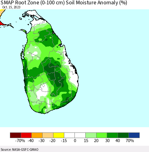 Sri Lanka SMAP Root Zone (0-100 cm) Soil Moisture Anomaly (%) Thematic Map For 10/11/2023 - 10/15/2023
