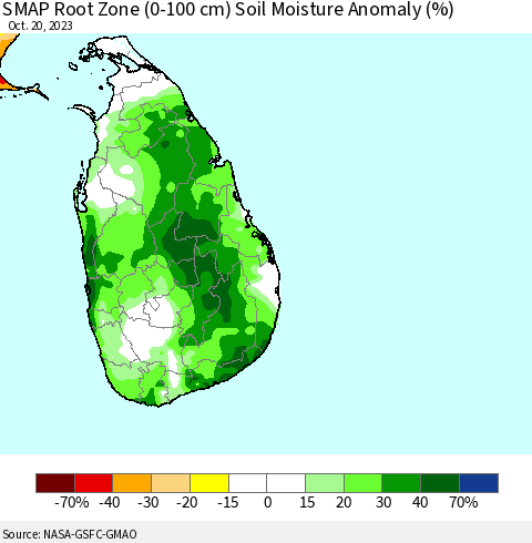 Sri Lanka SMAP Root Zone (0-100 cm) Soil Moisture Anomaly (%) Thematic Map For 10/16/2023 - 10/20/2023