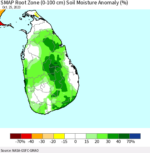 Sri Lanka SMAP Root Zone (0-100 cm) Soil Moisture Anomaly (%) Thematic Map For 10/21/2023 - 10/25/2023