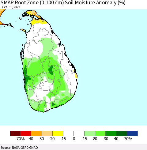 Sri Lanka SMAP Root Zone (0-100 cm) Soil Moisture Anomaly (%) Thematic Map For 10/26/2023 - 10/31/2023