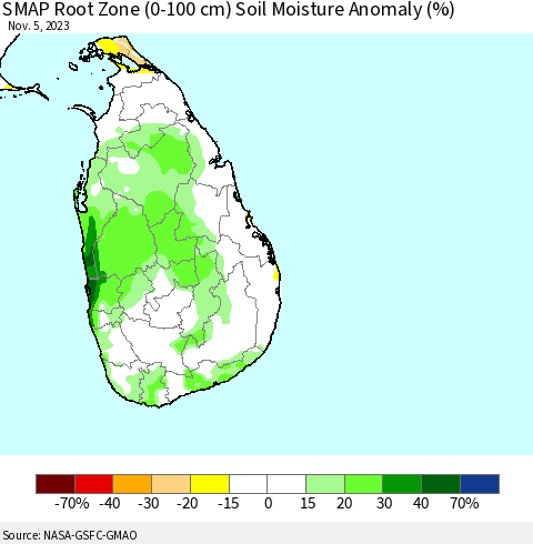 Sri Lanka SMAP Root Zone (0-100 cm) Soil Moisture Anomaly (%) Thematic Map For 11/1/2023 - 11/5/2023