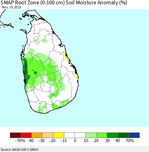 Sri Lanka SMAP Root Zone (0-100 cm) Soil Moisture Anomaly (%) Thematic Map For 11/6/2023 - 11/10/2023