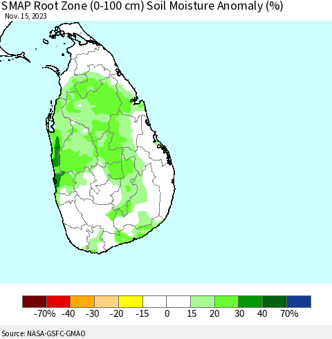 Sri Lanka SMAP Root Zone (0-100 cm) Soil Moisture Anomaly (%) Thematic Map For 11/11/2023 - 11/15/2023