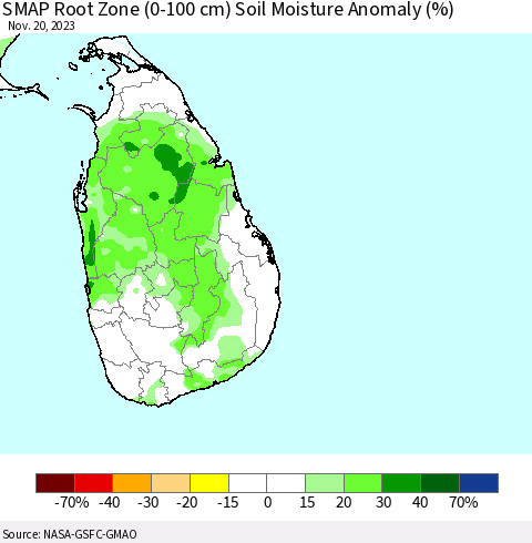 Sri Lanka SMAP Root Zone (0-100 cm) Soil Moisture Anomaly (%) Thematic Map For 11/16/2023 - 11/20/2023
