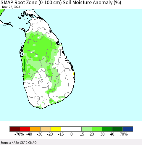 Sri Lanka SMAP Root Zone (0-100 cm) Soil Moisture Anomaly (%) Thematic Map For 11/21/2023 - 11/25/2023