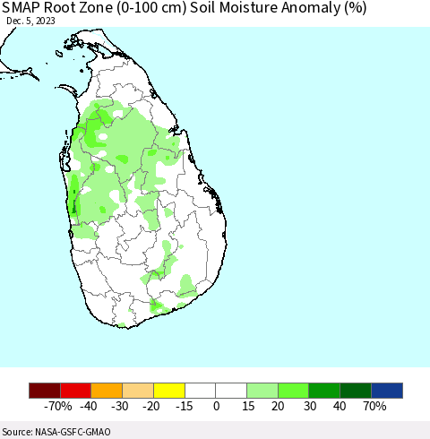 Sri Lanka SMAP Root Zone (0-100 cm) Soil Moisture Anomaly (%) Thematic Map For 12/1/2023 - 12/5/2023