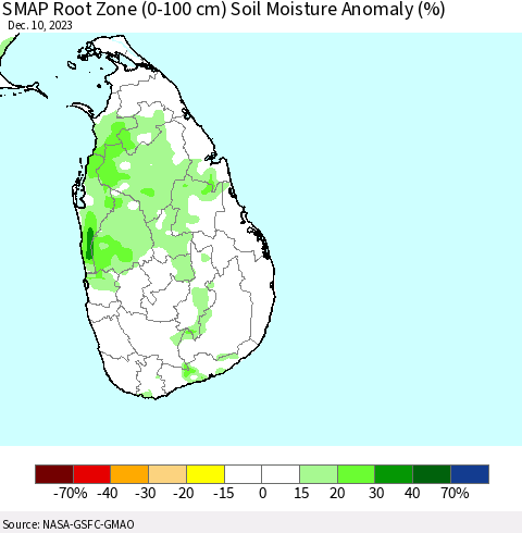 Sri Lanka SMAP Root Zone (0-100 cm) Soil Moisture Anomaly (%) Thematic Map For 12/6/2023 - 12/10/2023