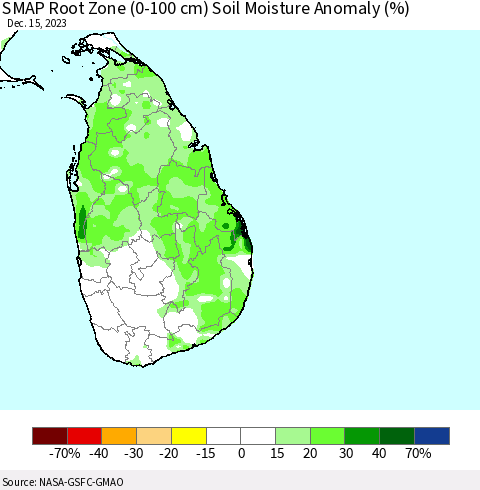 Sri Lanka SMAP Root Zone (0-100 cm) Soil Moisture Anomaly (%) Thematic Map For 12/11/2023 - 12/15/2023