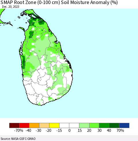 Sri Lanka SMAP Root Zone (0-100 cm) Soil Moisture Anomaly (%) Thematic Map For 12/16/2023 - 12/20/2023