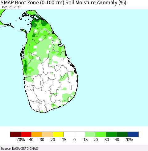 Sri Lanka SMAP Root Zone (0-100 cm) Soil Moisture Anomaly (%) Thematic Map For 12/21/2023 - 12/25/2023