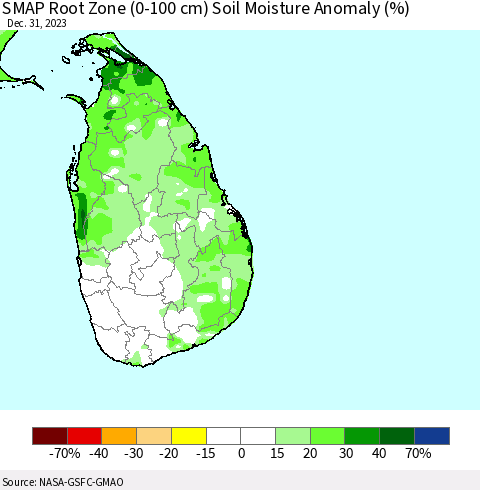 Sri Lanka SMAP Root Zone (0-100 cm) Soil Moisture Anomaly (%) Thematic Map For 12/26/2023 - 12/31/2023