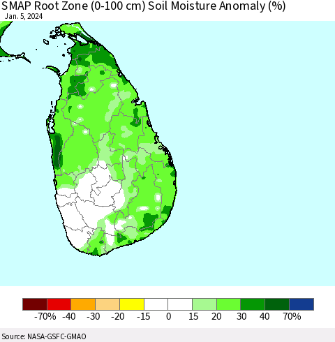 Sri Lanka SMAP Root Zone (0-100 cm) Soil Moisture Anomaly (%) Thematic Map For 1/1/2024 - 1/5/2024