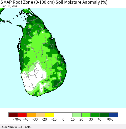 Sri Lanka SMAP Root Zone (0-100 cm) Soil Moisture Anomaly (%) Thematic Map For 1/6/2024 - 1/10/2024