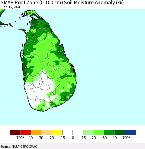 Sri Lanka SMAP Root Zone (0-100 cm) Soil Moisture Anomaly (%) Thematic Map For 1/11/2024 - 1/15/2024