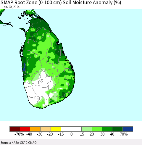 Sri Lanka SMAP Root Zone (0-100 cm) Soil Moisture Anomaly (%) Thematic Map For 1/16/2024 - 1/20/2024