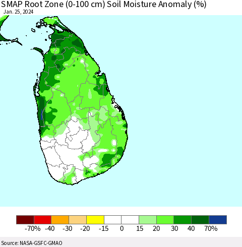 Sri Lanka SMAP Root Zone (0-100 cm) Soil Moisture Anomaly (%) Thematic Map For 1/21/2024 - 1/25/2024