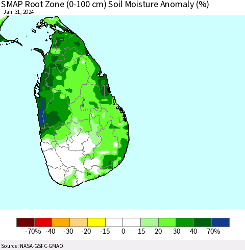 Sri Lanka SMAP Root Zone (0-100 cm) Soil Moisture Anomaly (%) Thematic Map For 1/26/2024 - 1/31/2024