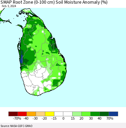 Sri Lanka SMAP Root Zone (0-100 cm) Soil Moisture Anomaly (%) Thematic Map For 2/1/2024 - 2/5/2024