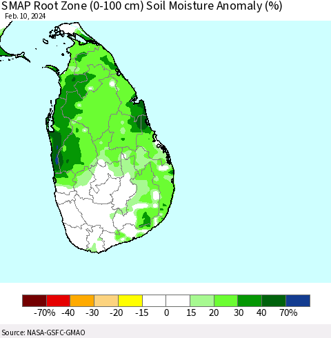 Sri Lanka SMAP Root Zone (0-100 cm) Soil Moisture Anomaly (%) Thematic Map For 2/6/2024 - 2/10/2024