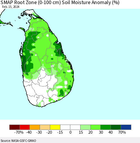 Sri Lanka SMAP Root Zone (0-100 cm) Soil Moisture Anomaly (%) Thematic Map For 2/11/2024 - 2/15/2024