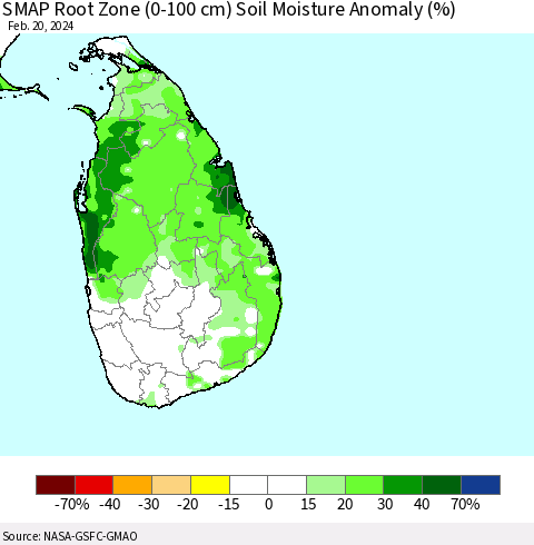 Sri Lanka SMAP Root Zone (0-100 cm) Soil Moisture Anomaly (%) Thematic Map For 2/16/2024 - 2/20/2024