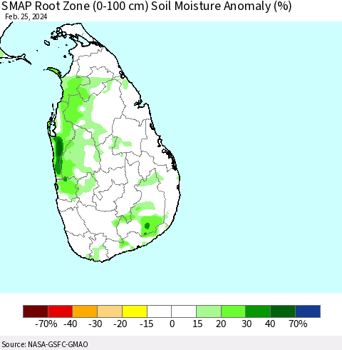 Sri Lanka SMAP Root Zone (0-100 cm) Soil Moisture Anomaly (%) Thematic Map For 2/21/2024 - 2/25/2024