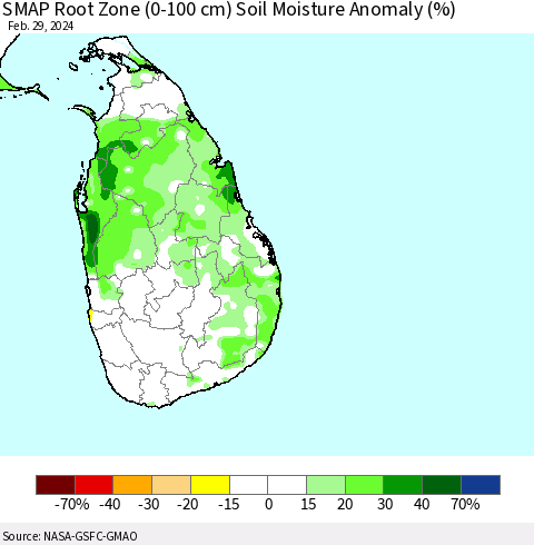 Sri Lanka SMAP Root Zone (0-100 cm) Soil Moisture Anomaly (%) Thematic Map For 2/26/2024 - 2/29/2024
