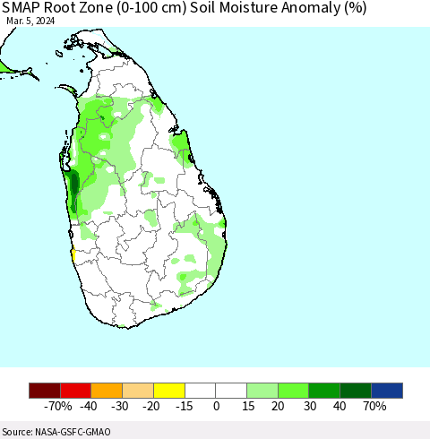Sri Lanka SMAP Root Zone (0-100 cm) Soil Moisture Anomaly (%) Thematic Map For 3/1/2024 - 3/5/2024
