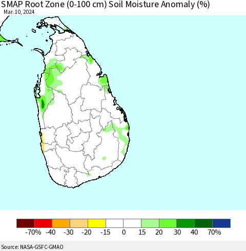 Sri Lanka SMAP Root Zone (0-100 cm) Soil Moisture Anomaly (%) Thematic Map For 3/6/2024 - 3/10/2024