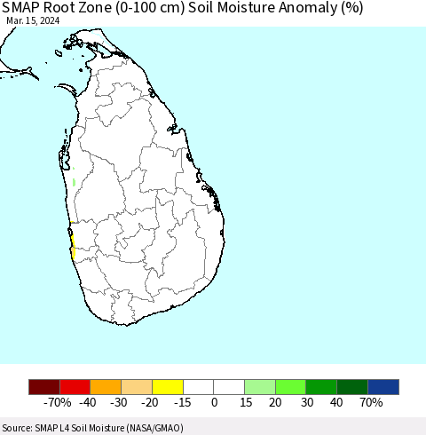 Sri Lanka SMAP Root Zone (0-100 cm) Soil Moisture Anomaly (%) Thematic Map For 3/11/2024 - 3/15/2024