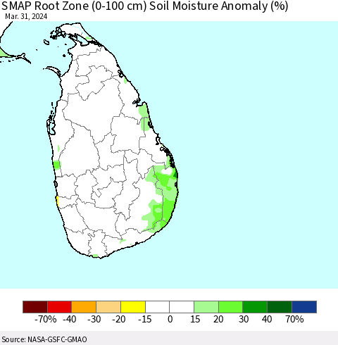 Sri Lanka SMAP Root Zone (0-100 cm) Soil Moisture Anomaly (%) Thematic Map For 3/26/2024 - 3/31/2024