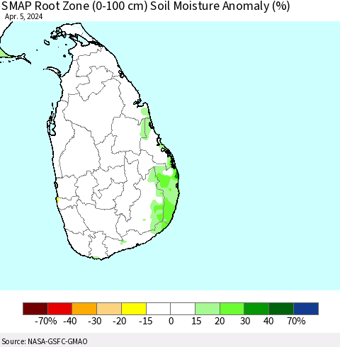 Sri Lanka SMAP Root Zone (0-100 cm) Soil Moisture Anomaly (%) Thematic Map For 4/1/2024 - 4/5/2024