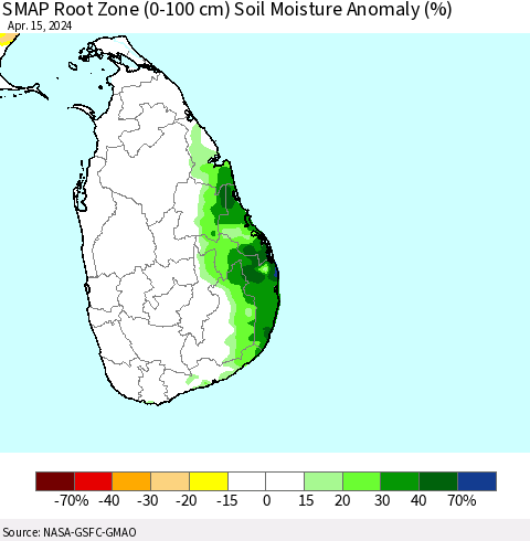 Sri Lanka SMAP Root Zone (0-100 cm) Soil Moisture Anomaly (%) Thematic Map For 4/11/2024 - 4/15/2024