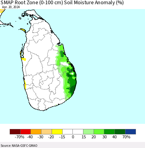 Sri Lanka SMAP Root Zone (0-100 cm) Soil Moisture Anomaly (%) Thematic Map For 4/16/2024 - 4/20/2024