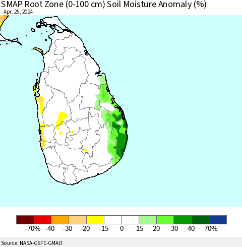 Sri Lanka SMAP Root Zone (0-100 cm) Soil Moisture Anomaly (%) Thematic Map For 4/21/2024 - 4/25/2024