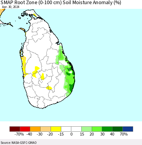 Sri Lanka SMAP Root Zone (0-100 cm) Soil Moisture Anomaly (%) Thematic Map For 4/26/2024 - 4/30/2024