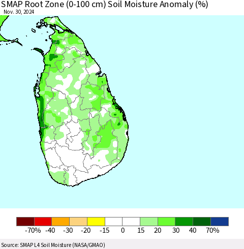 Sri Lanka SMAP Root Zone (0-100 cm) Soil Moisture Anomaly (%) Thematic Map For 11/26/2024 - 11/30/2024